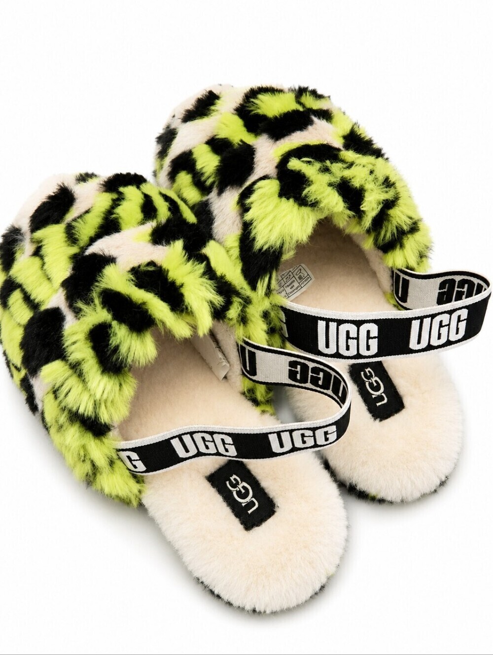 UGG Fuzzy Slide Sandals in Neon Yellow, Black & Cream